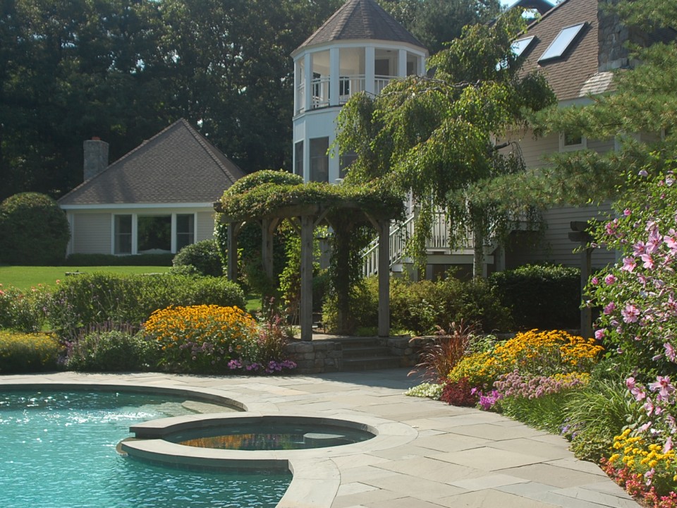 Bluestone pool deck and perennial garden