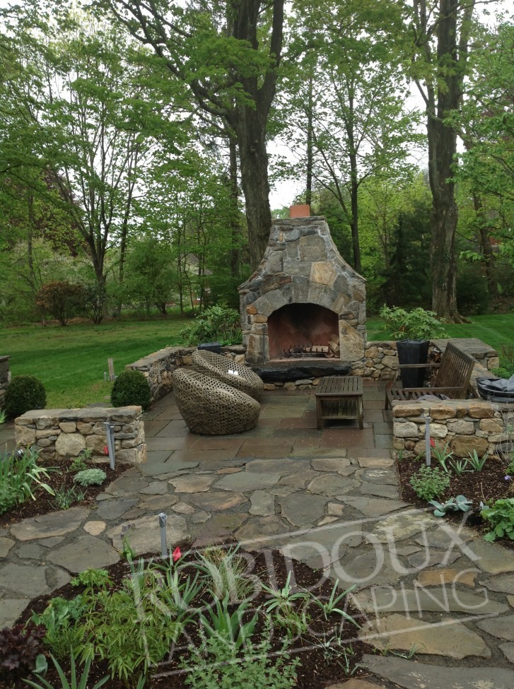 Fieldstone Patio with Fieldstone Fireplace and Bluestone Patio with Fieldstone Walls