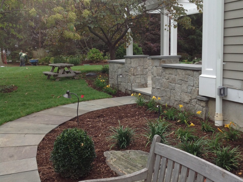 Bluestone Path with Granite Wall and Bluestone Caps