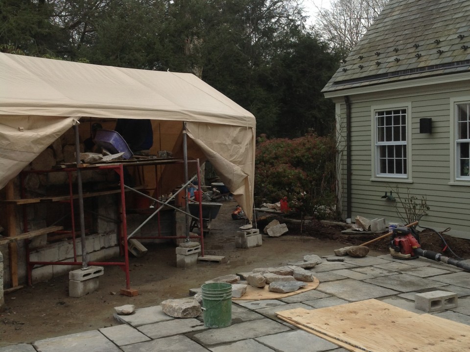 Fireplace under construction in winter